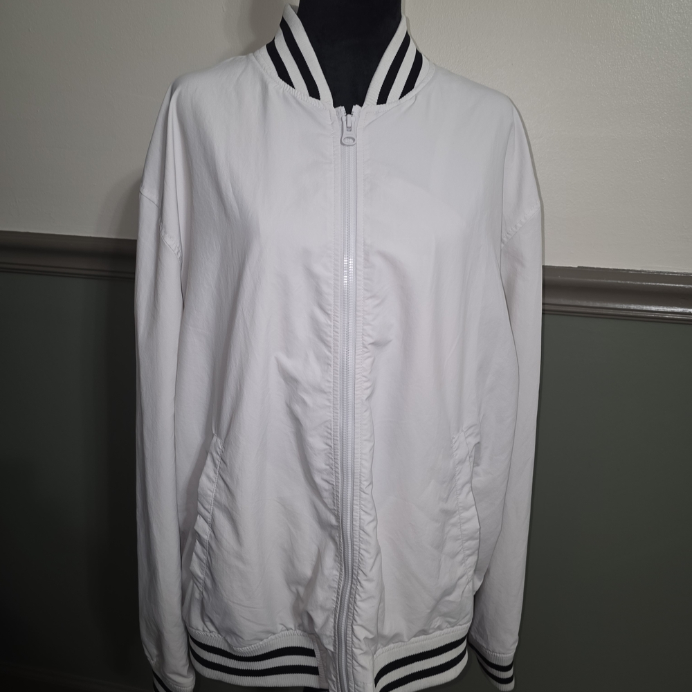 H&M White Varsity Jacket with Black Stripes